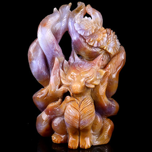 Amazing 7.1" Chalcedony Hand Carved Crystal Nine-tail Foxes Sculpture