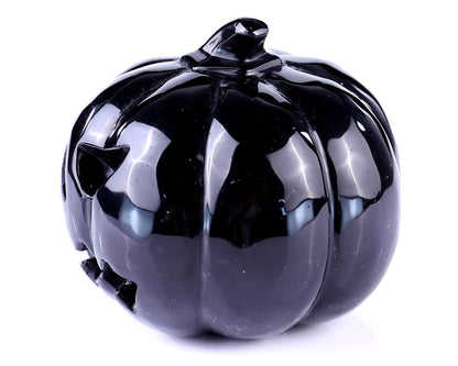 3.5” Natural Black Obsidian Hand Carved Crystal Pumpkin Sculpture, Halloween Gift