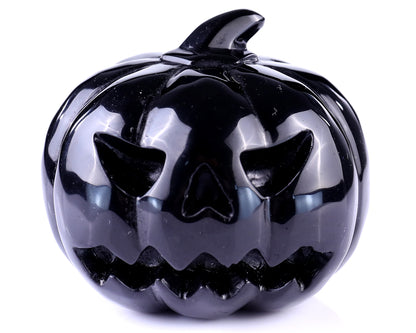 3.5” Natural Black Obsidian Hand Carved Crystal Pumpkin Sculpture, Halloween Gift