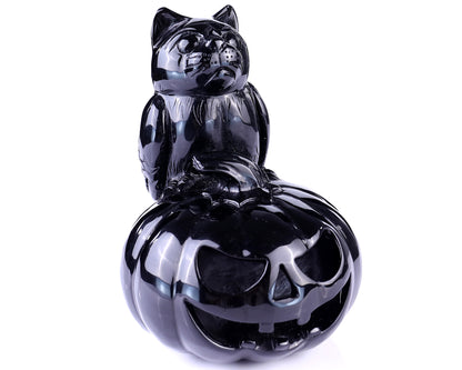 6.4” Natural Black Obsidian Hand Carved Crystal Pumpkin and Owl Sculpture, Halloween Gift