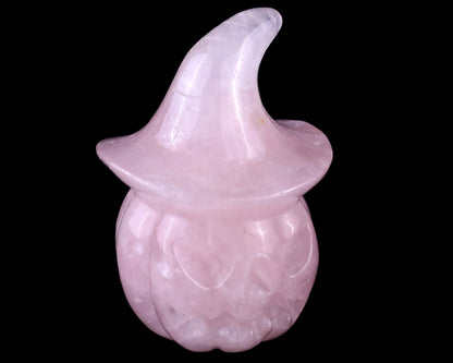 3.3” Natural Rose Quartz Hand Carved Crystal Wizard Pumpkin Sculpture, Halloween Gift