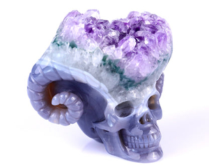 Unique 2.9" Amethyst Druse Agate Hand Carved Mineral Specimen Skull with Horn Sculpture