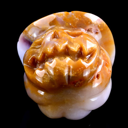 3.4” Natural Chalcedony Hand Carved Crystal Wizard Pumpkin Sculpture, Halloween Gift