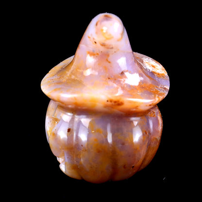 2.3” Natural Chalcedony Hand Carved Crystal Wizard Pumpkin Sculpture, Halloween Gift