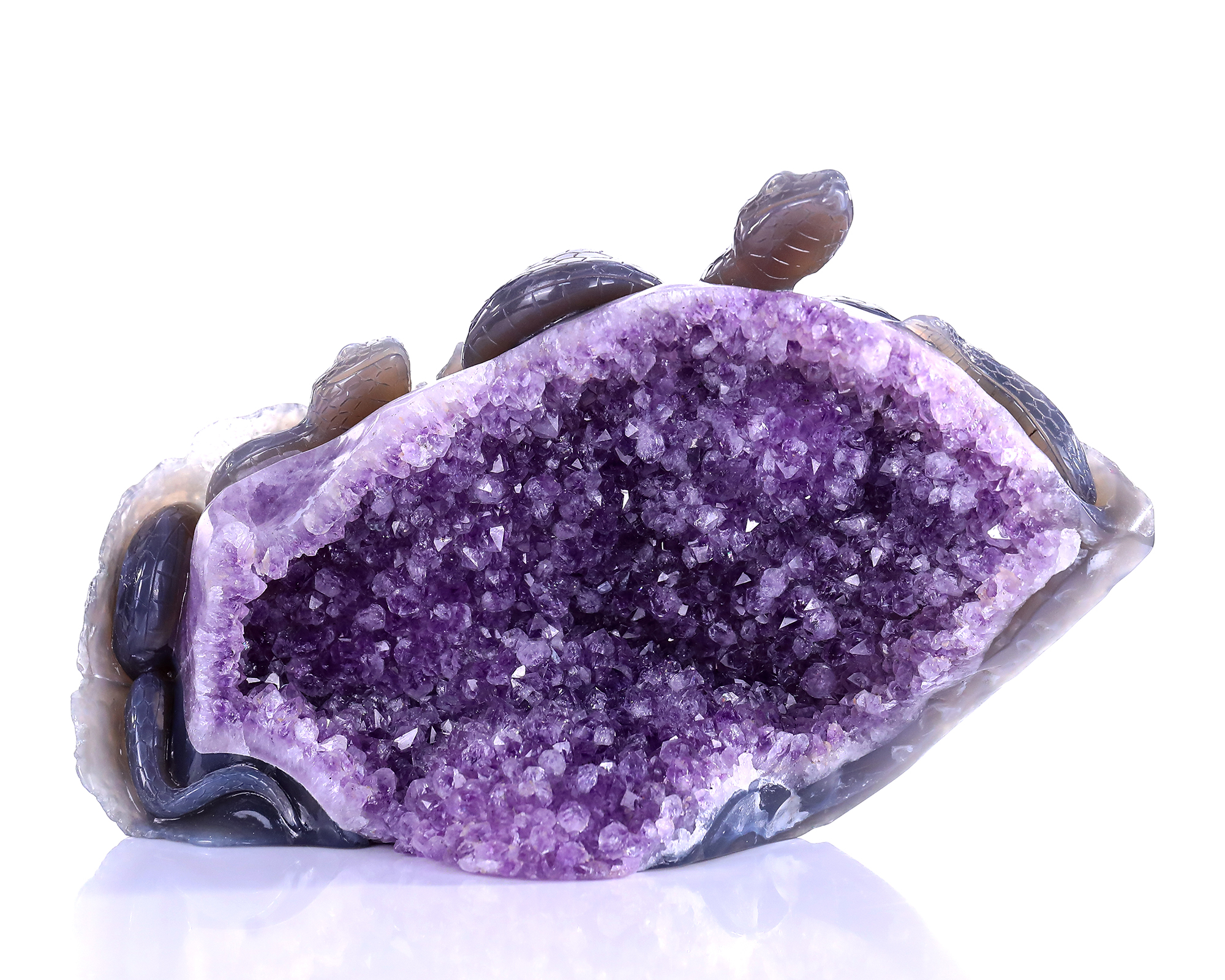 Unique Double - Snake Carved Amethyst Geode Cluster Ornament