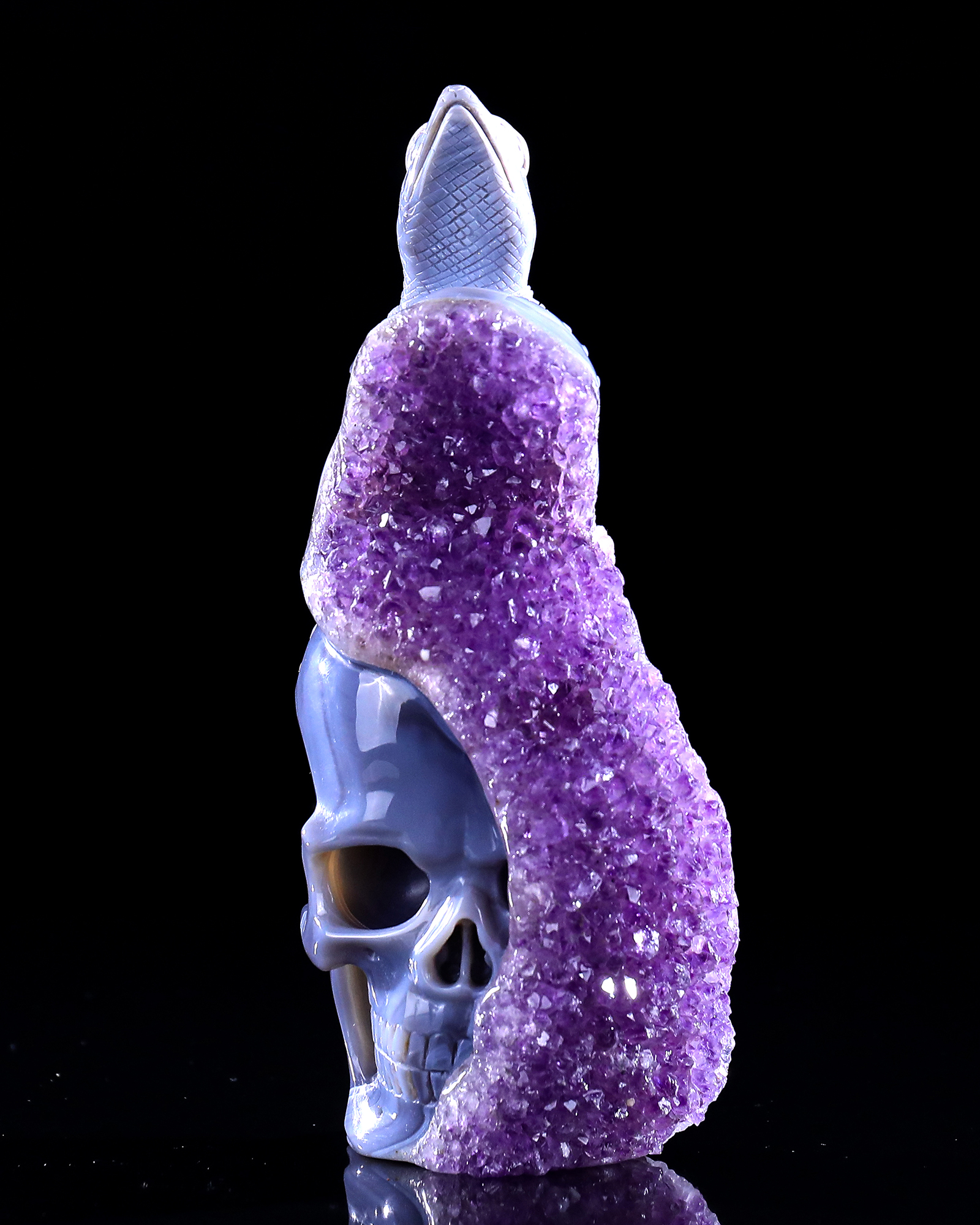 7.9" Amethyst Druse Agate Skull & Lizard Sculpture, Natural Crystal Gemstone Artifact for Luxury Decor