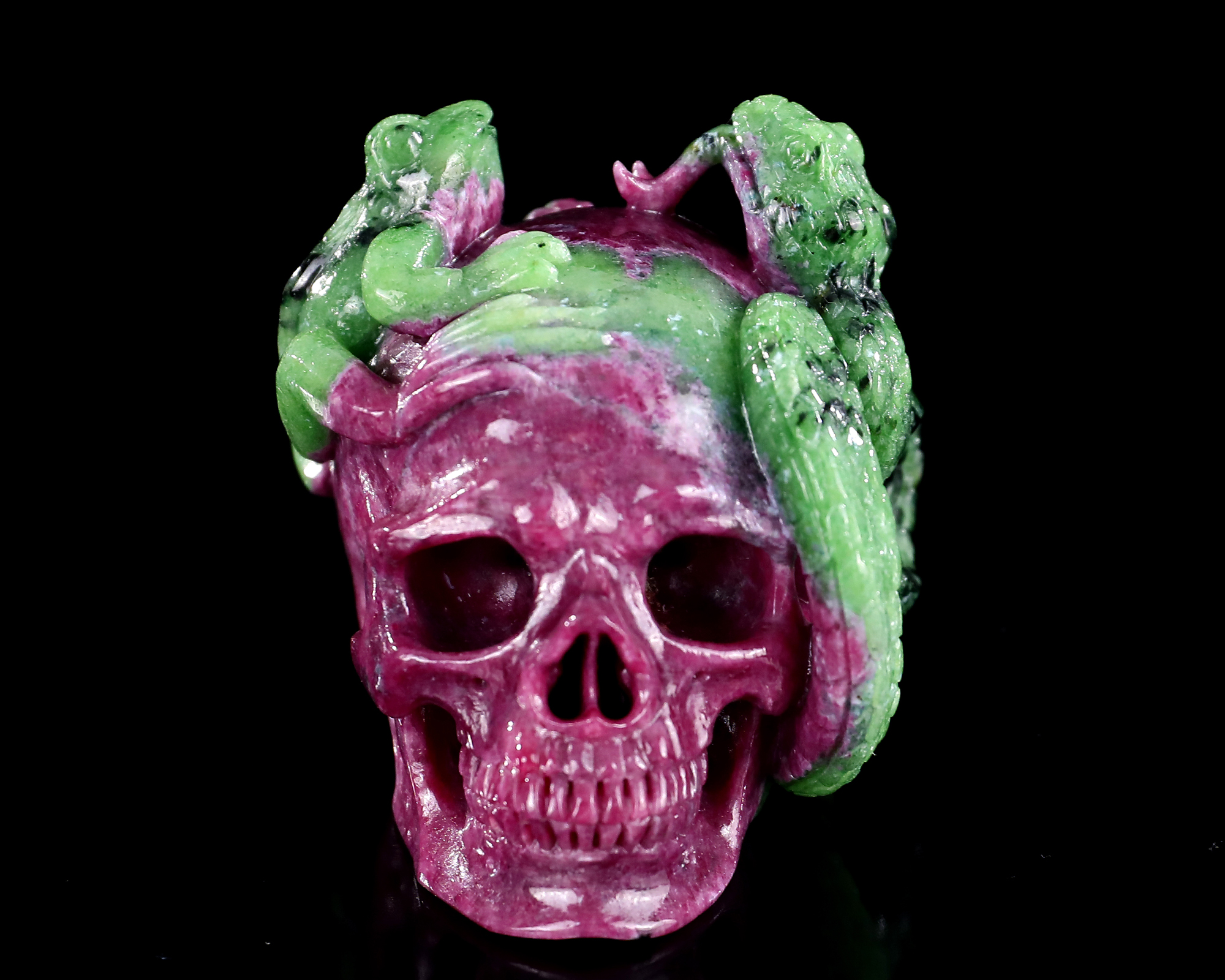 2.9-inch Hand Carved Rubellite and Garnet Frog with Snake Skull - Metaphysical Decorative Artwork
