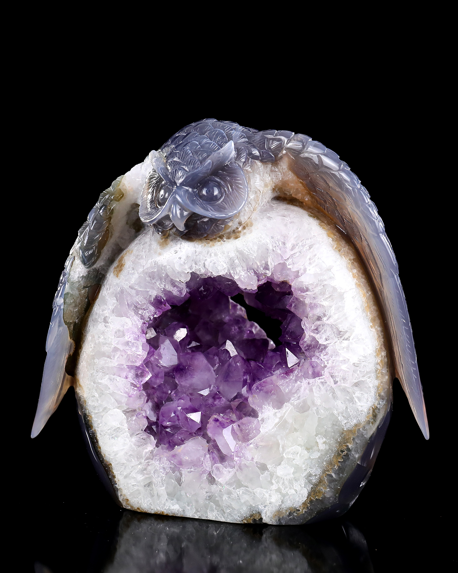 Unique 7-Inch Amethyst Cluster Owl - Hand Carved Natural Gemstone Sculpture for Healing