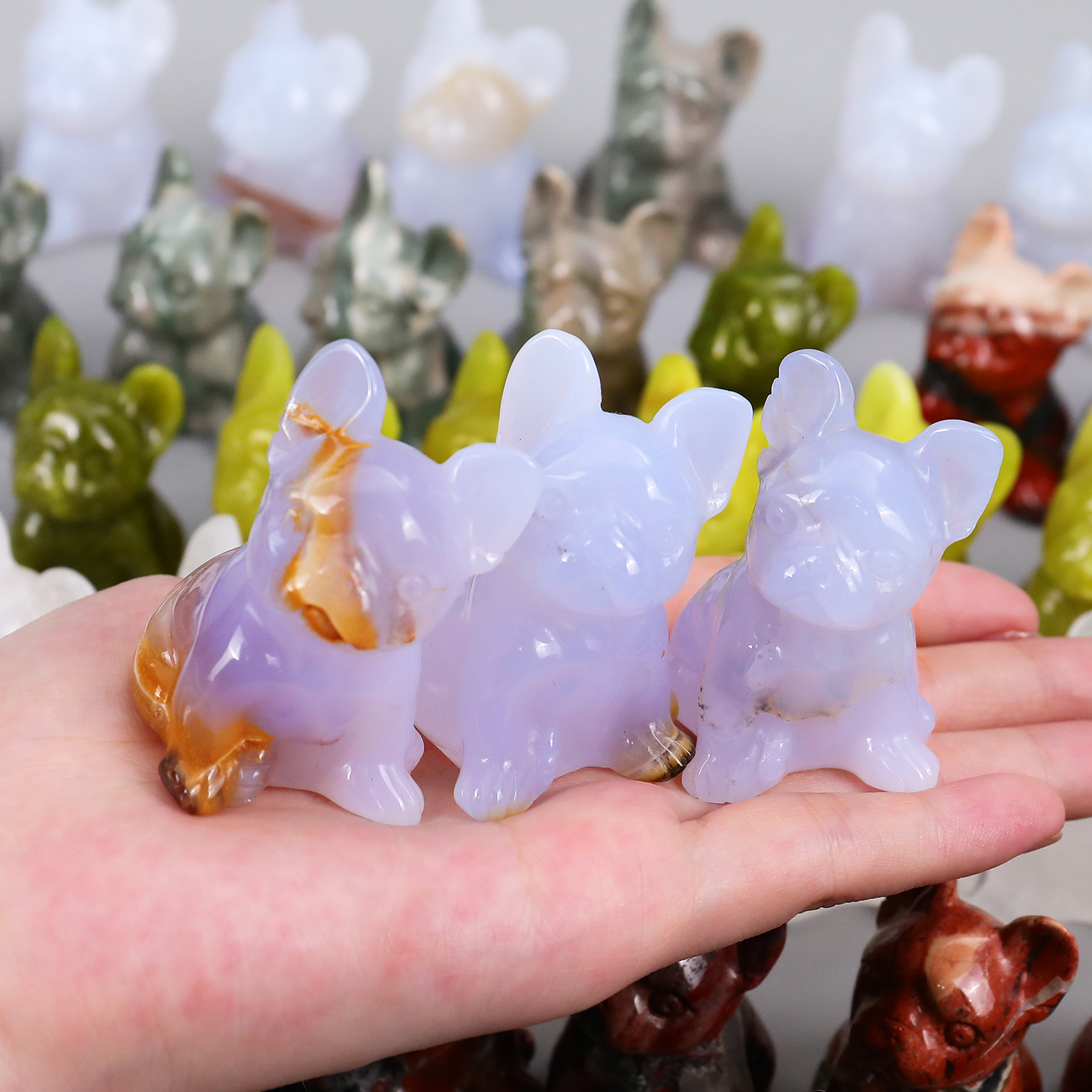 Natural Blue Chalcedony Carved Dog Decor, Mini Dog Sculpture,Fengshui Decor