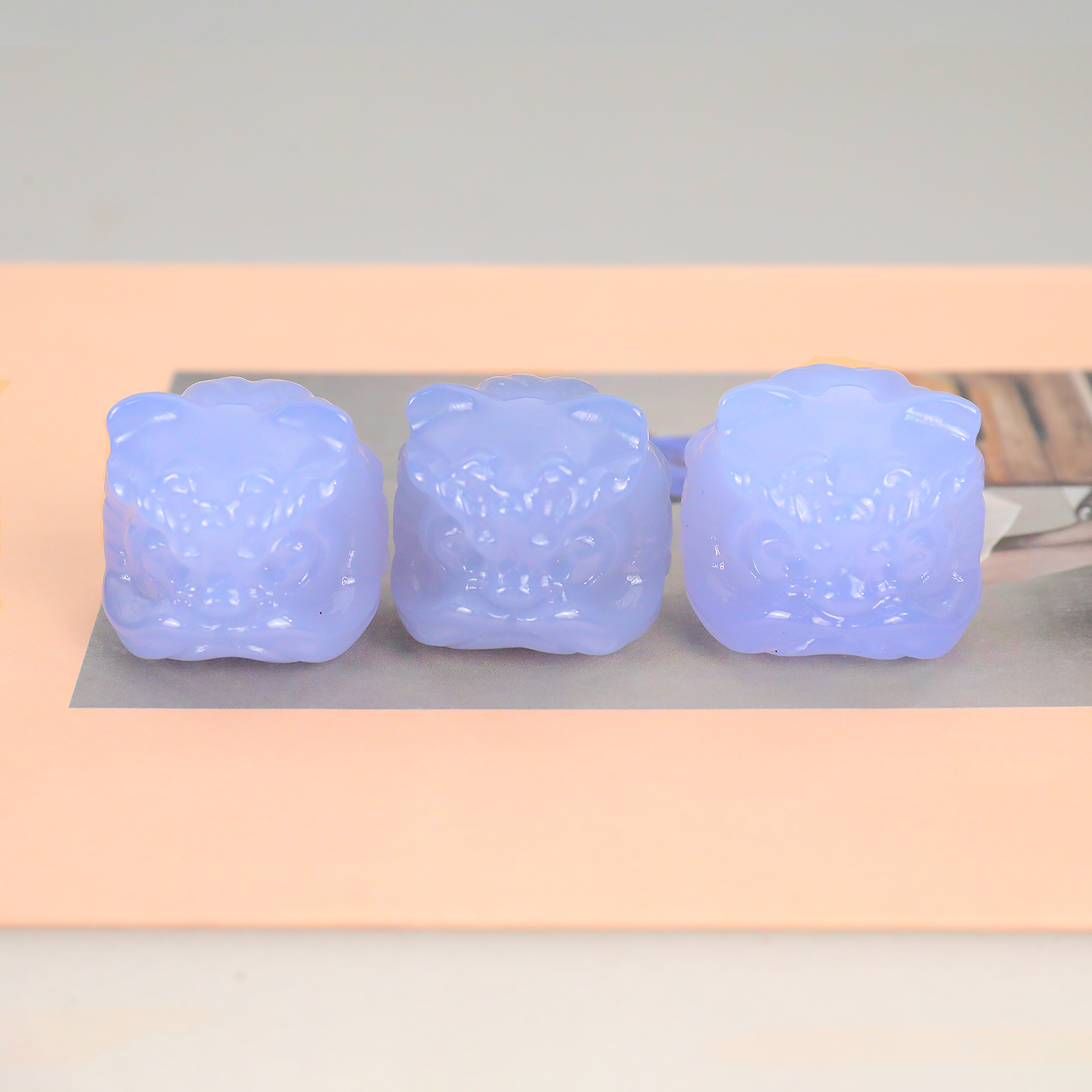 Blue Chalcedony Mini Lion Dance Incense Holder - Crystalline Luster for Desktop Blessing Decor