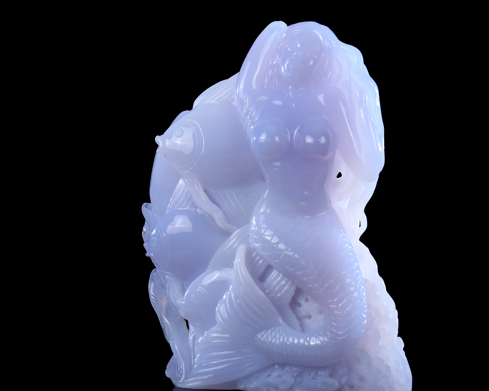 8 Inch Blue Chalcedony Mermaid & Goldfish Hand-Carved Statue - Lifelike Artisan Craft Decor