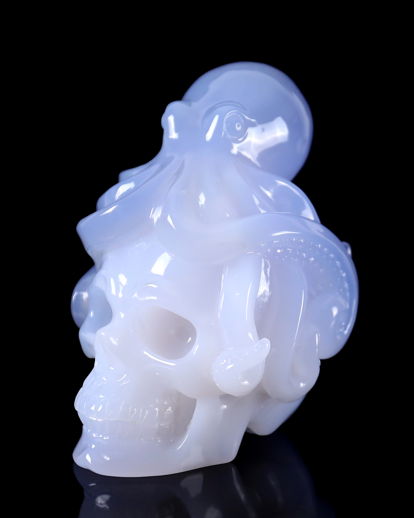 6.5 Inch Blue Chalcedony Hand-Carved Skull & Octopus Sculpture - Exquisite Craftsmanship Artwork
