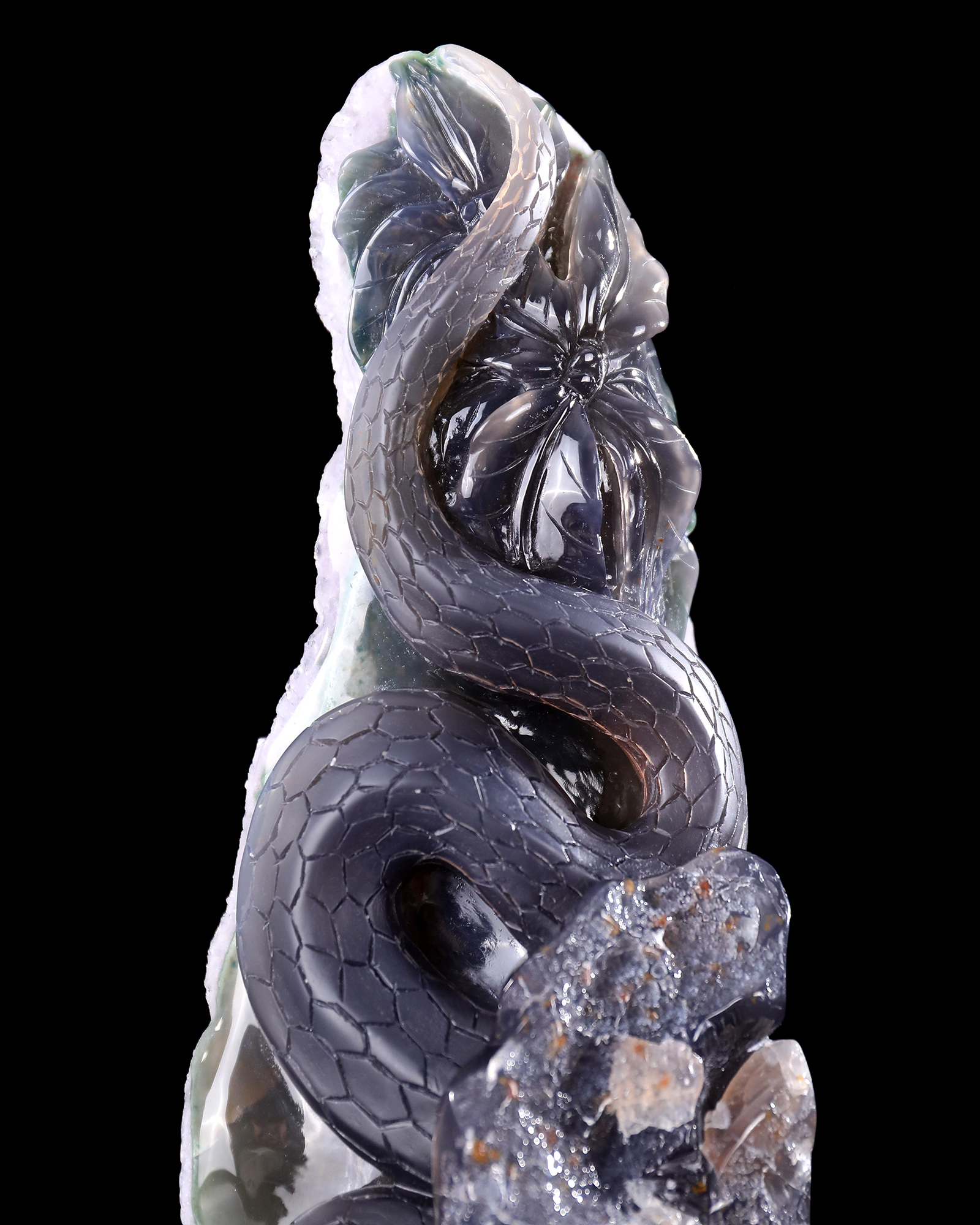 11.8 Inch Artisanal Amethyst Geode Snake & Frog – Hand-Carved Crystal Sculpture for Luxury Decor