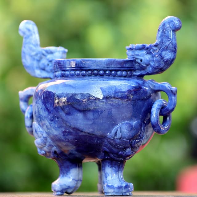 8.3” Natural Blue Aventurine Hand Carved 3 Foot Censer, Gemstone Tripod