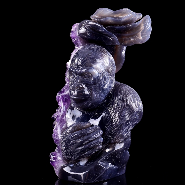7.7 Inch Amethyst Cluster Gorilla Sculpture - Hand-Carved Crystal Figurine with Lifelike Design 