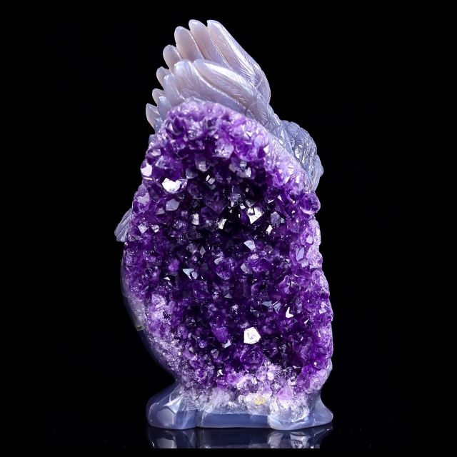 Unique 6.9" Amethyst Druse Agate Skull with Owl – Hand Carved Crystal & Mineral Specimen Sculpture for Collectors And Healing