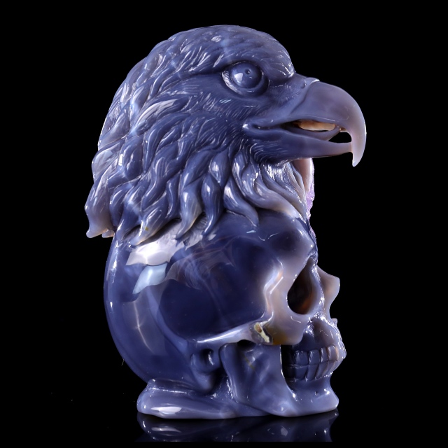 Unique 7.2" Amethyst Druse Agate Skull with Eagle – Hand Carved Crystal & Mineral Specimen Sculpture for Collectors And Healing