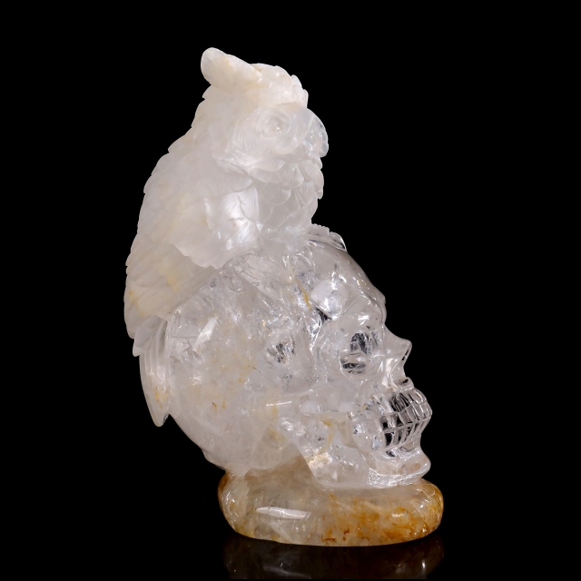 6 Inch Handcrafted Clear Crystal Skull with Owl Accent – Artisanal Carved Spiritual Decor