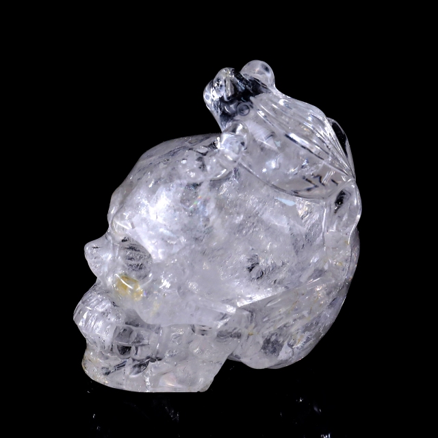3.8-inch Hand Carved Clear Quartz Skull with Frog - Natural Crystal Sculpture for Spiritual Decor & Collection