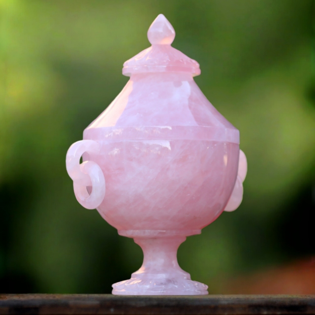 11.0” Natural Rose Quartz Hand Carved Decorative Storage,Candy Bowl with Lid