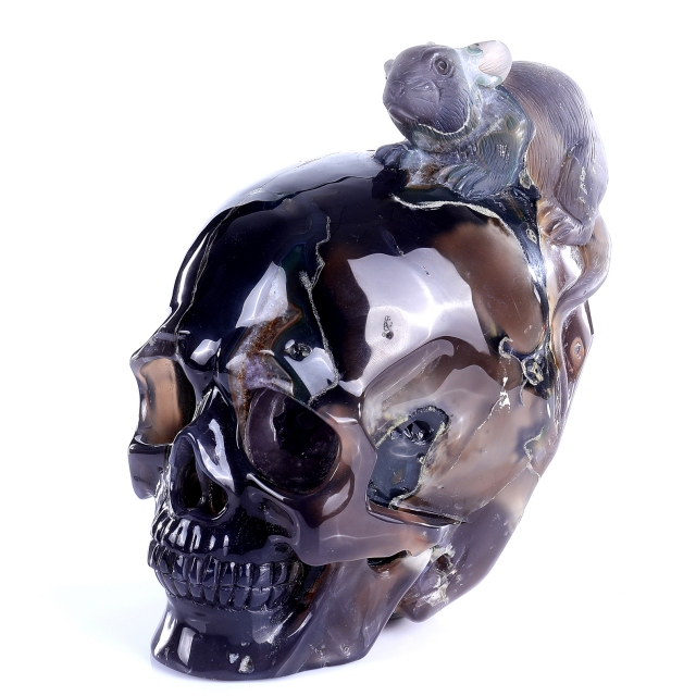 Hand-Carved Amethyst Cluster Skull with Mouse - Natural Gemstone Artifact for Crystal Collectors, Home Decor & Spiritual Practices