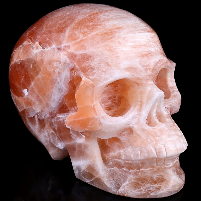7.7" Orange Selenite Hand Carved Crystal Realistic Skull Sculpture