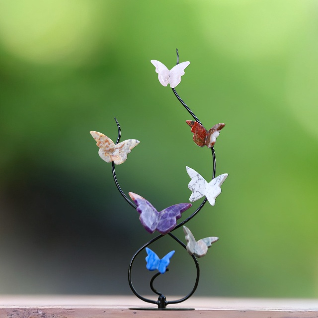 Natural Crystal Colorful Butterfly with Black Metal Stand