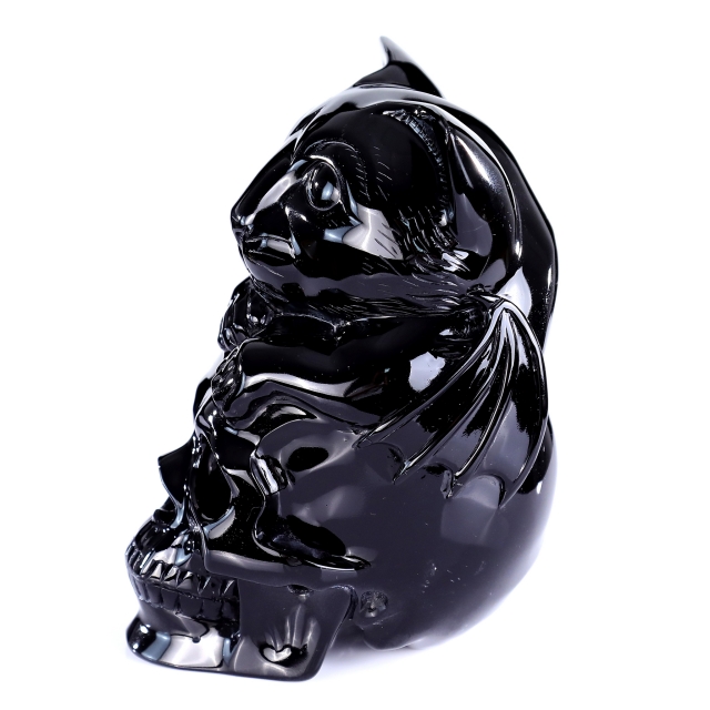 7.8" Natural Black Obsidian Hand Carved Crystal Skull and Cat Sculpture