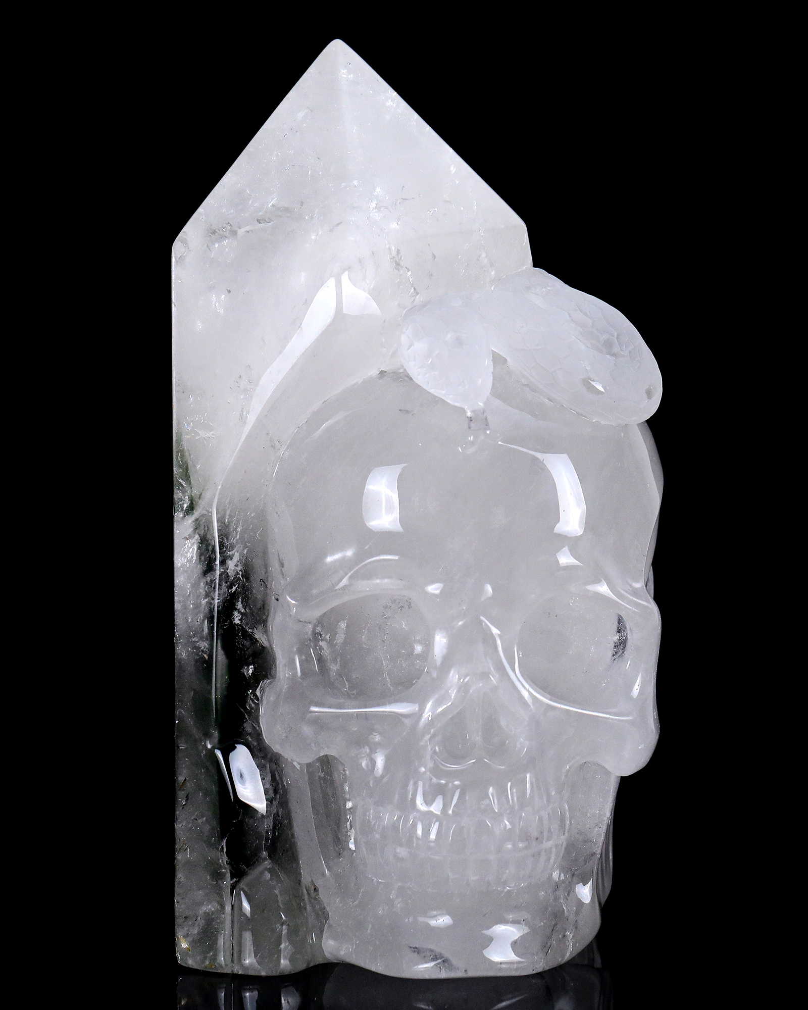 9.2" Natural Hand-Carved Phantom Quartz - Skull and Snake Gemstone Figurine