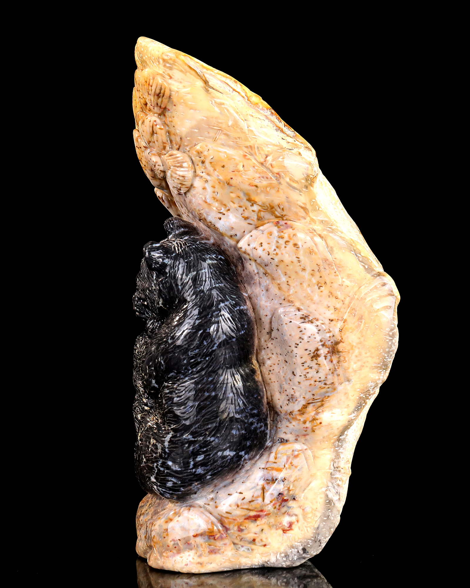 Natural Agatized Coral Stone Black Bear Mother & Cub Carving - Handcrafted Wildlife Sculpture for Home Decor & Gift