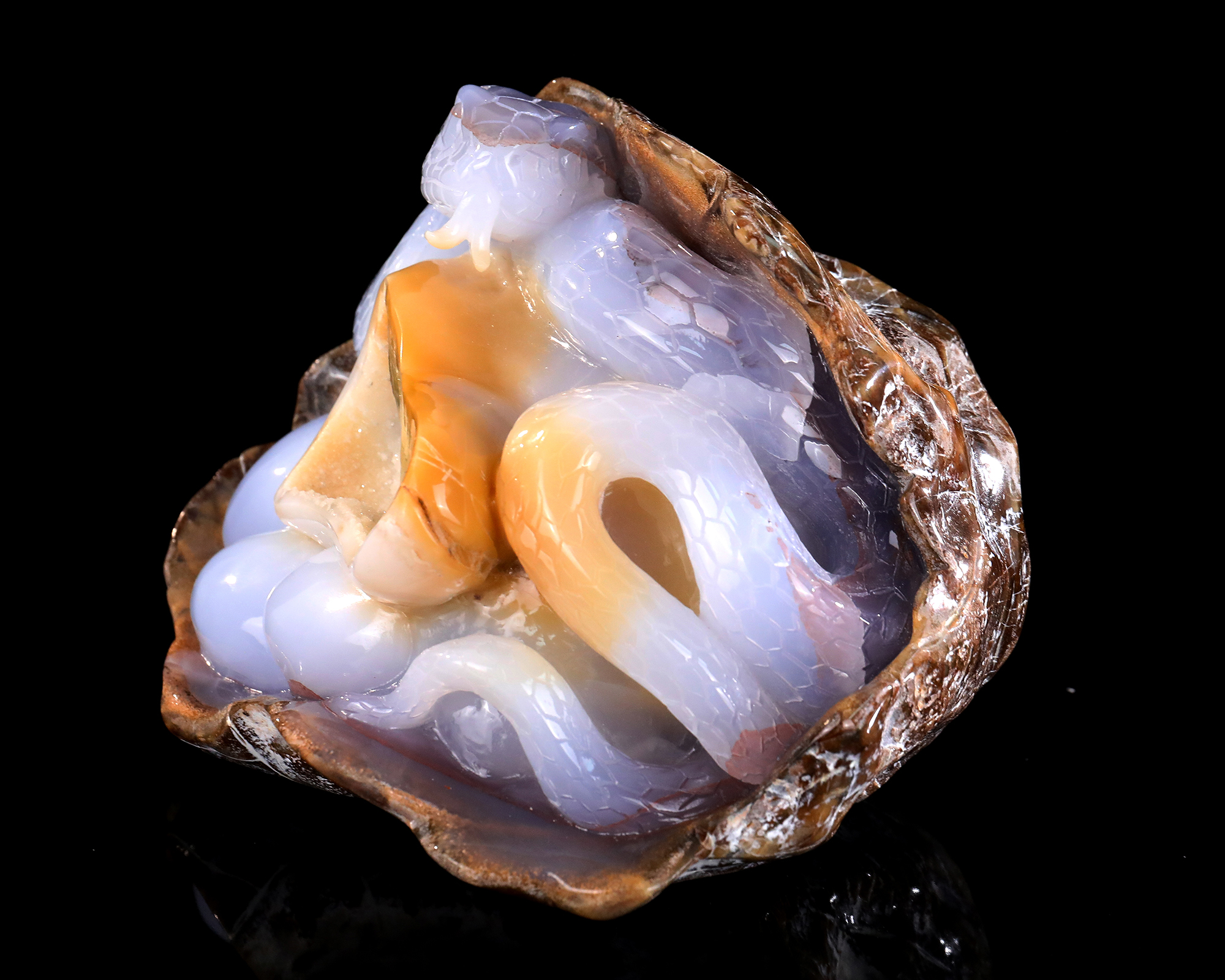 Natural Blue Chalcedony Geode Snake Carving - Handcrafted Crystal Animal Sculpture for Home Decor & Collection