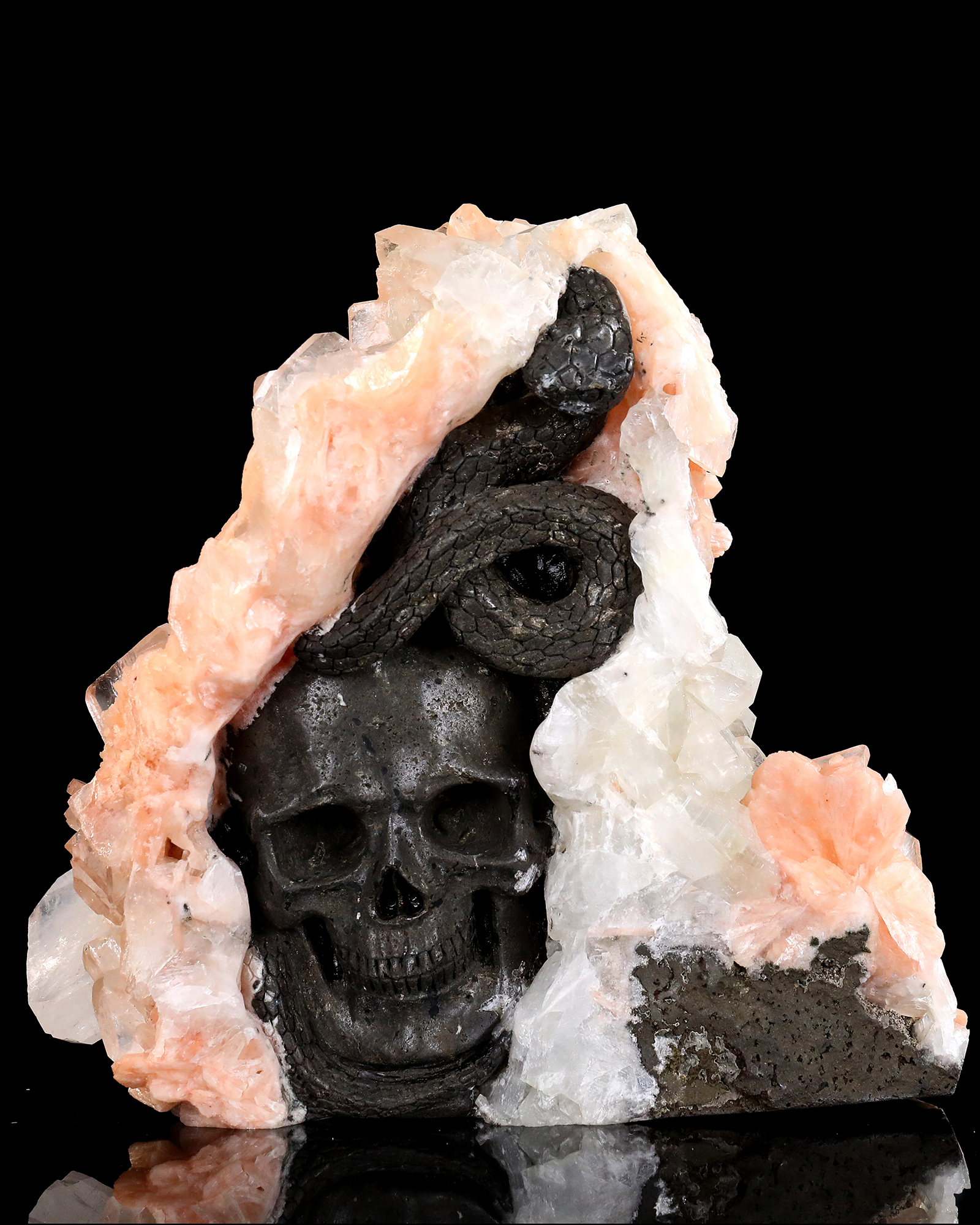 9.8” Unique Raw Indian Apophyllite with Stilbite Hand Carved Crystal Skull and Snake Sculpture, Unique Crystal Carving for Collectors