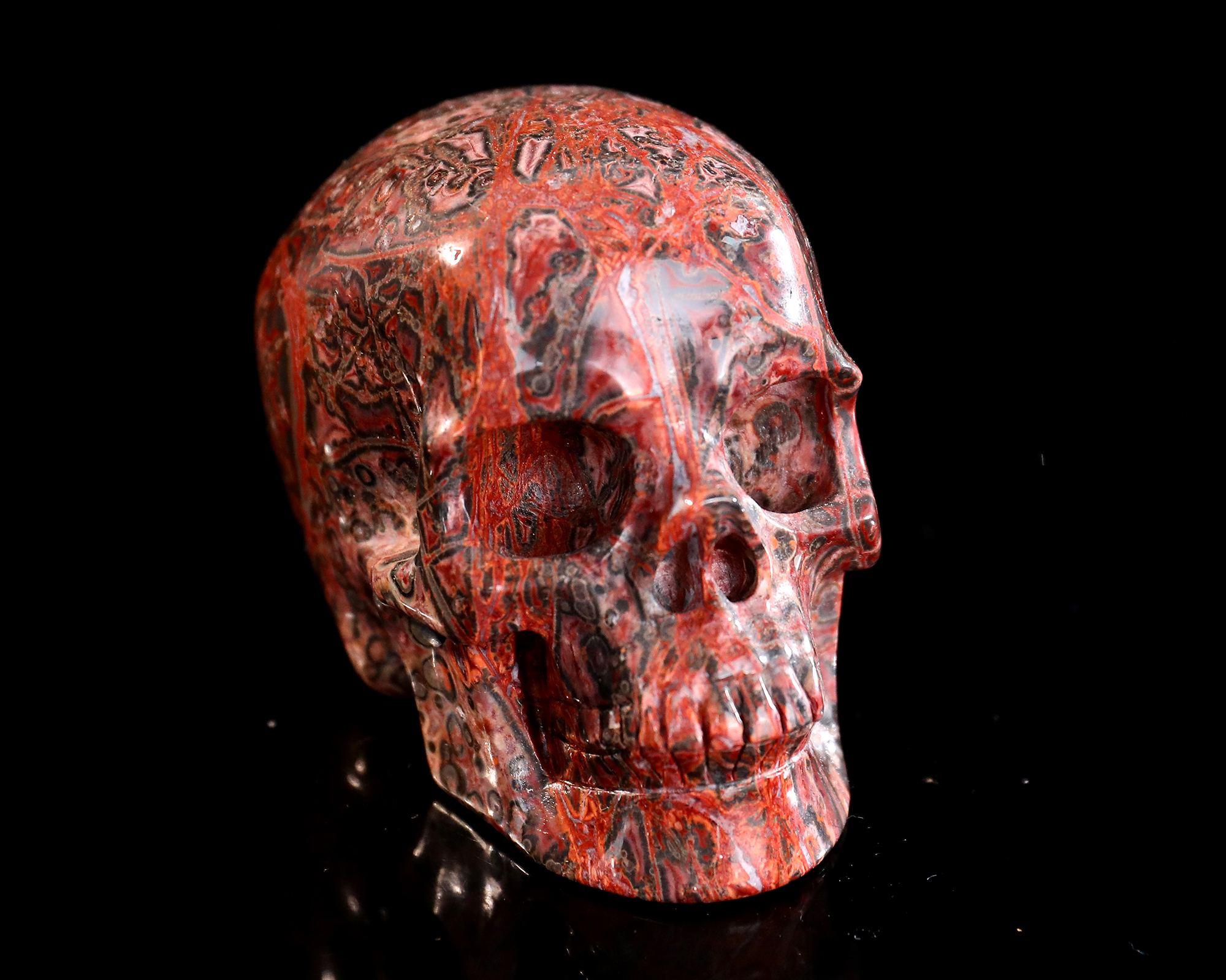 Flecked Orbicular Red Leopard Jasper Skull - Artisan Hand-Carved Natural Stone Sculpture