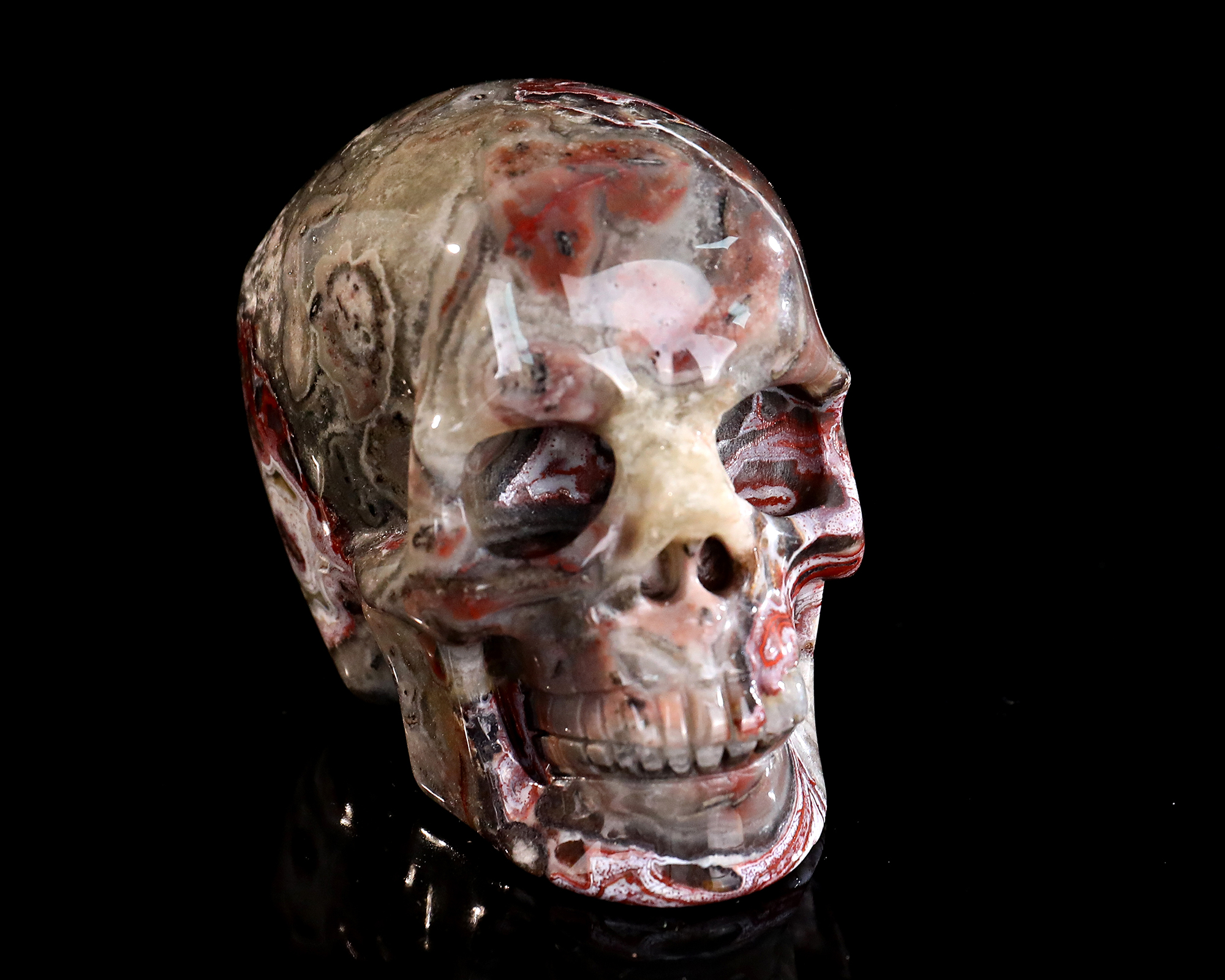 Intricate Veined Natural Red Lace Agate Skull - Artisan Crafted Crystal Sculpture