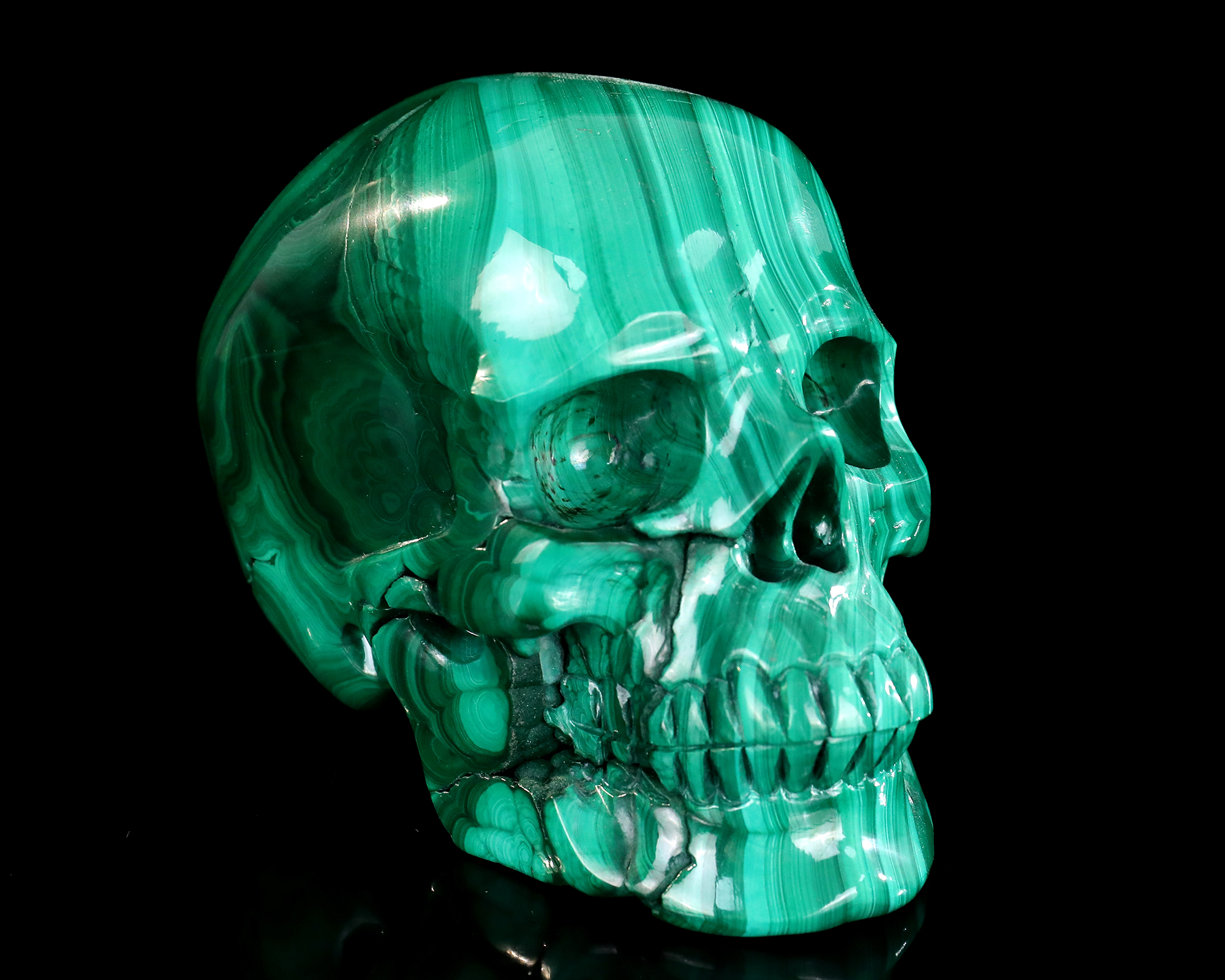 5.0" Hand-Carved Polished Natural Malachite Skull - Unique Gemstone Skull Art Piece