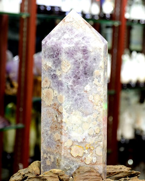Natural Amethyst Cherry Blossom Hexagonal Prism - Hand Carved Healing Decor