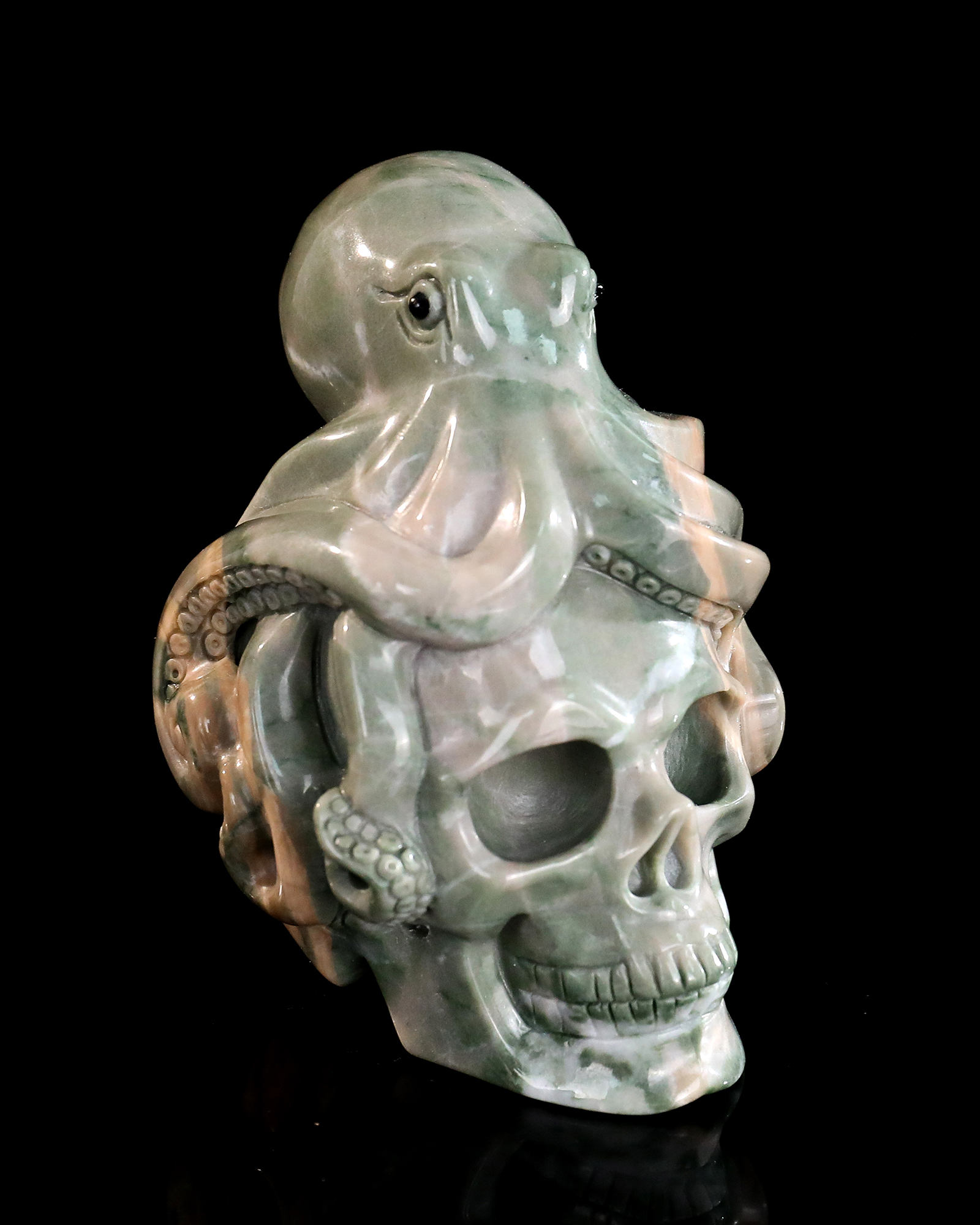 Natural Jiulong Jade Skull & Octopus Carving Handcrafted Gemstone Sculpture