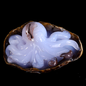 Hand-Carved Blue Chalcedony Octopus Sculpture Natural Crystal Gemstone Ornament