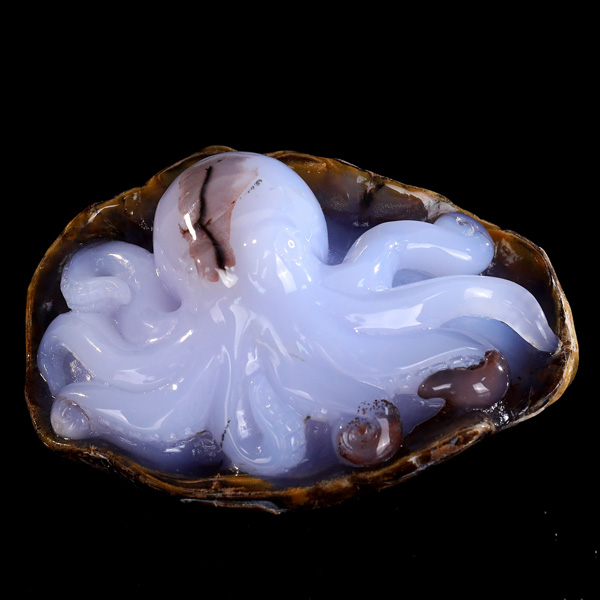 Hand-Carved Blue Chalcedony Octopus Sculpture Natural Crystal Gemstone Ornament