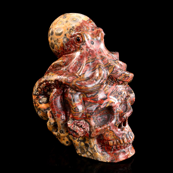 Red Leopard Skin Stone Skull Adorned with Hand-Carved Octopus Natural Gemstone Carving