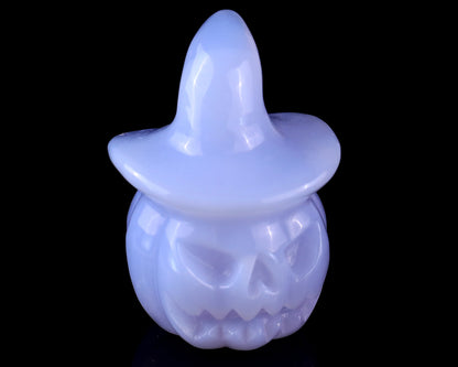 2.2” Natural Blue Chalcedony Hand Carved Crystal Wizard Pumpkin Sculpture, Halloween Gift