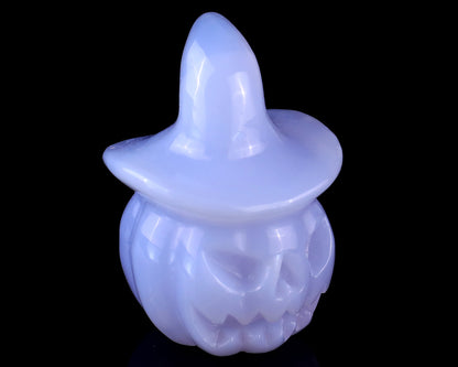 2.2” Natural Blue Chalcedony Hand Carved Crystal Wizard Pumpkin Sculpture, Halloween Gift