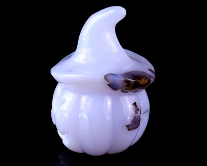 3.3” Natural Blue Chalcedony Hand Carved Crystal Wizard Pumpkin Sculpture, Halloween Gift