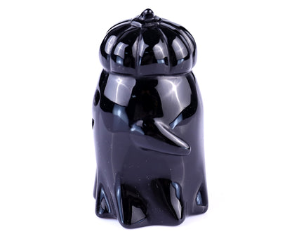 Cute 3.0" Black Obsidian Hand Carved Crystal Pumpkin Ghost Sculpture,Halloween Gift