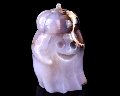 3.0” Natural Chalcedony Hand Carved Crystal Pumpkin Ghost Sculpture, Halloween Gift