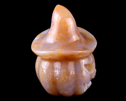 2.2” Natural Chalcedony Hand Carved Crystal Wizard Pumpkin Sculpture, Halloween Gift