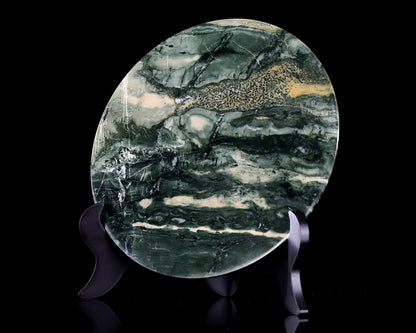 9” Natural Jiulong Jade Crystal Circular Display Plate Sculpture with Wooden Stand