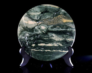 9” Natural Jiulong Jade Crystal Circular Display Plate Sculpture with Wooden Stand