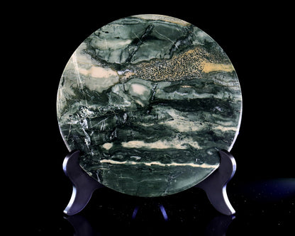9” Natural Jiulong Jade Crystal Circular Display Plate Sculpture with Wooden Stand