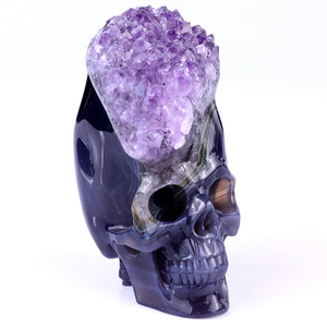 4.1" Amethyst Druse Agate Hand Carved Mineral Specimen Skull Sculpture